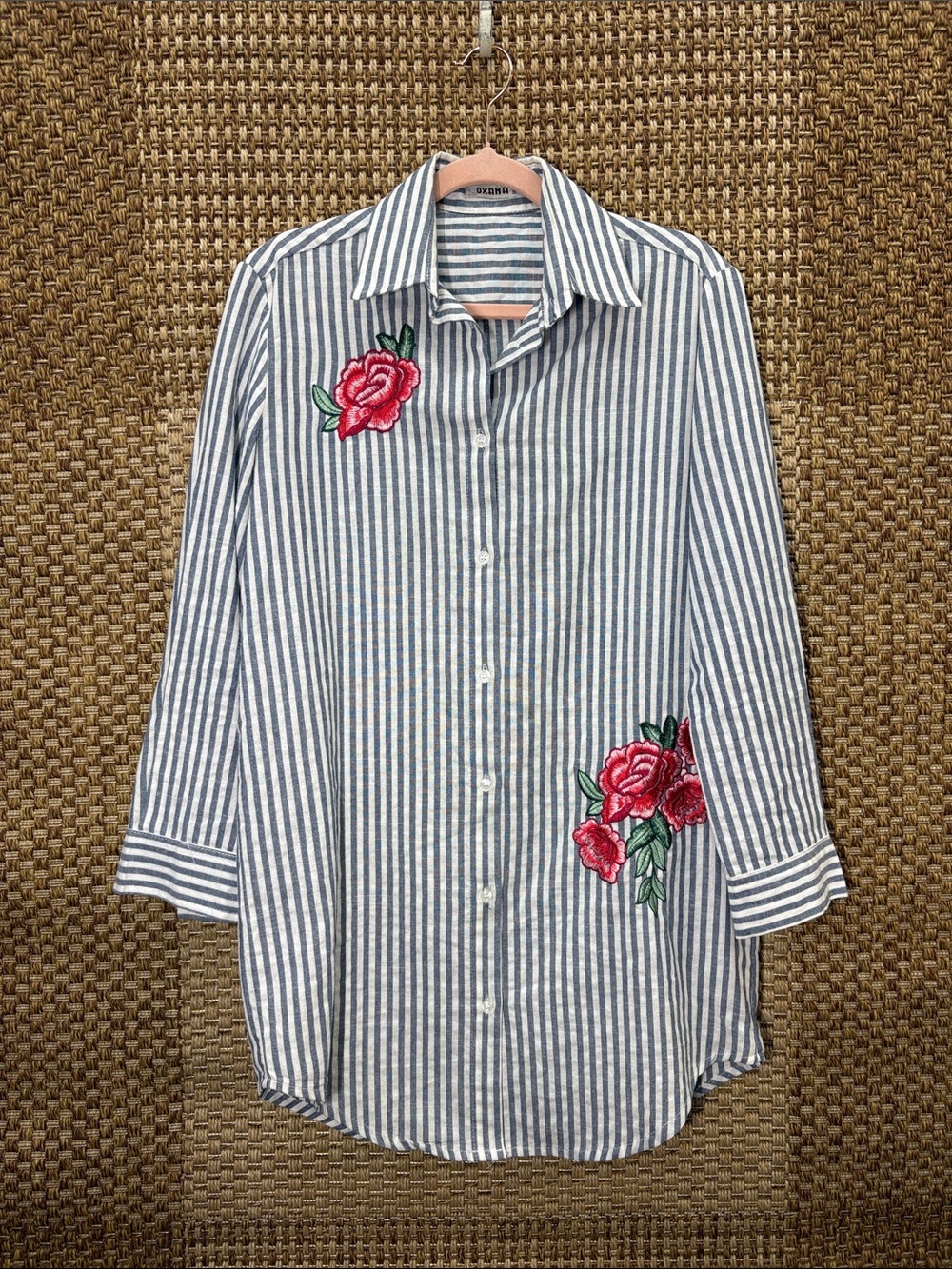 NWT Striped Button-Down Shirt with Rose Embroidery — Blue & White